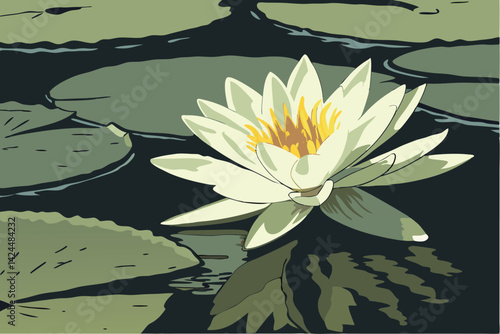 50 water lily, white petals, yellow center, dark water, lily pads, serene, botanical, close-up, high contrast, nature photography, zen, tranquil pond, elegant flora, aquatic plants, soft lighting, det