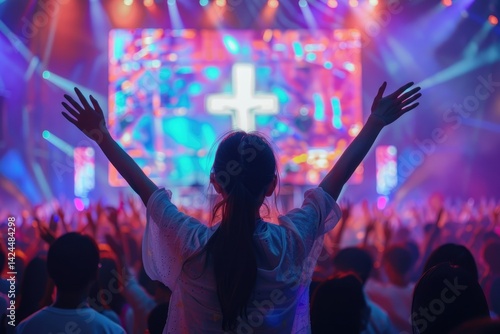 Christian worship service with people raising hands in church singing and praying to God with cross on stage community gathering on Easter or Sunday