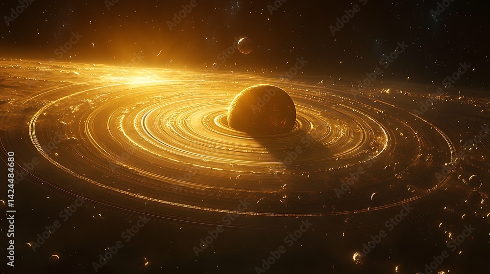 Obraz premium Glowing Planet with Rings in Space, A glowing planet surrounded by multiple rings and small celestial bodies in space