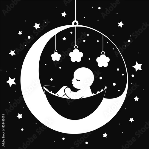 Sweet Dreams Baby Sleeping in Moon Cradle with Stars