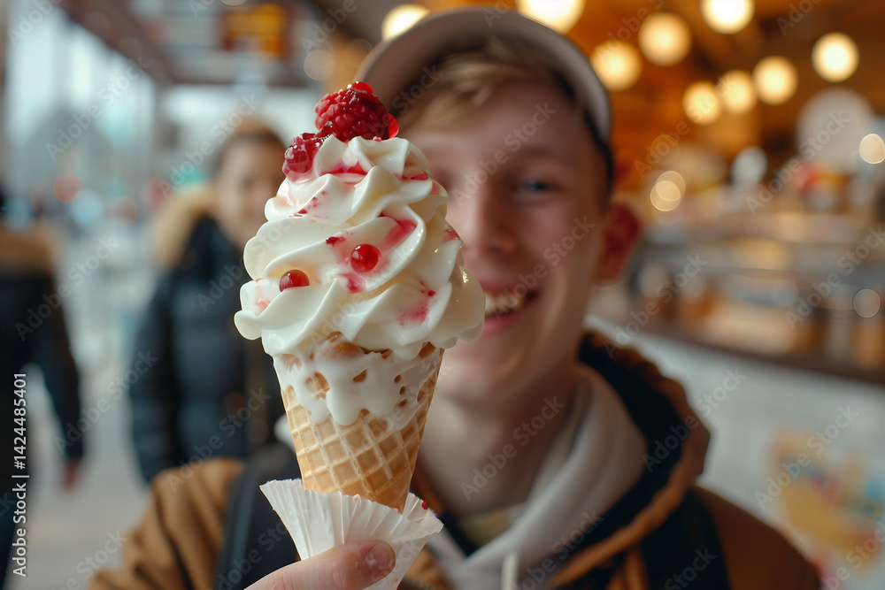 Tasty ice cream cone in cafe close up generative AI Tasty ice cream cone in cafe close up generative AI