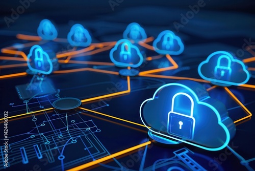 Obraz na płótnie Secure Data Backup System with Glowing Digital Locks and Cloud Icons for Tech Design w salonie