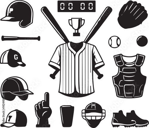 Collection of Baseball Equipment and Icon Silhouettes