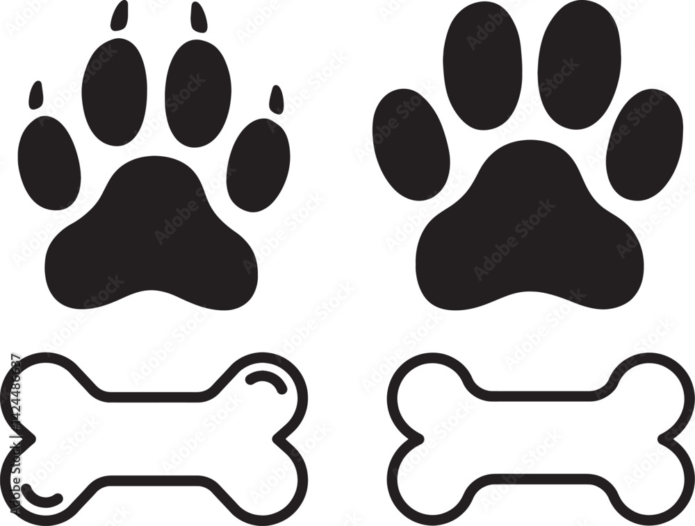 Dog Paw Prints and Bone Icons – Black and Outline Vector Set Dog Paw Prints and Bone Icons – Black and Outline Vector Set