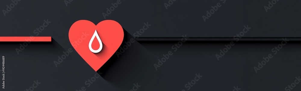Fototapeta premium A dark red gradient background is adorned with silhouettes of red hearts and blood drops, conveying the idea of blood donation, medical care, and love, complete with copy space for added context