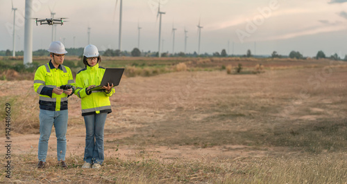 Obraz na płótnie Electrical Engineer at Wind Farm,Advancing Energy Sustainability,Generating Clean Power from Wind for a Sustainable Future,Renewable energy solution for climate change w salonie