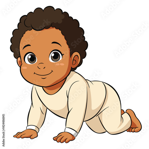 Adorable African American Baby Boy Crawling Cartoon Illustration