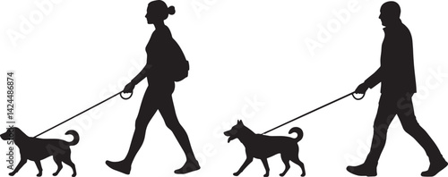 Silhouette of Man and Woman Walking Dogs on Leash – Isolated Vector Illustration