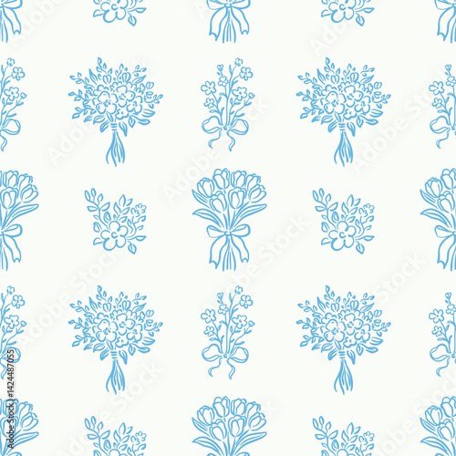 Seamless vector pattern with blue floral bouquets and flower arrangements on light background. Hand-drawn line art style. Spring design for wallpaper, textile, invitation, wrapping paper.