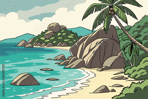 51 Tropical paradise, crystal clear turquoise water, smooth granite boulders, rocky shoreline, pristine beach, Seychelles-inspired landscape, shallow ocean floor, sunlit underwater scene, natural rock