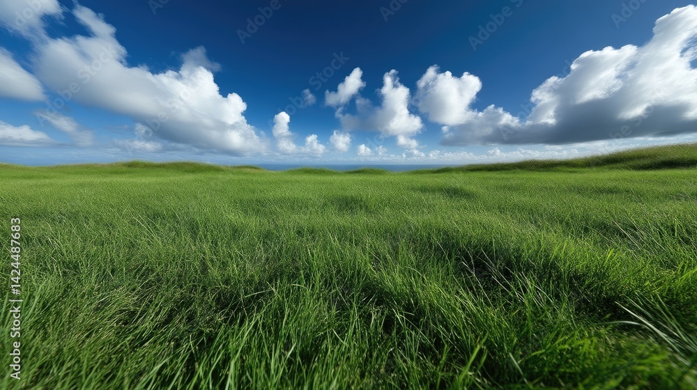 Lush green grass field under a vibrant blue sky. Vast expanse of grassland stretches to horizon, dotted with soft white clouds. Gentle breeze ruffles the tall grass Lush green grass field under a vibrant blue sky. Vast expanse of grassland stretches to horizon, dotted with soft white clouds. Gentle breeze ruffles the tall grass