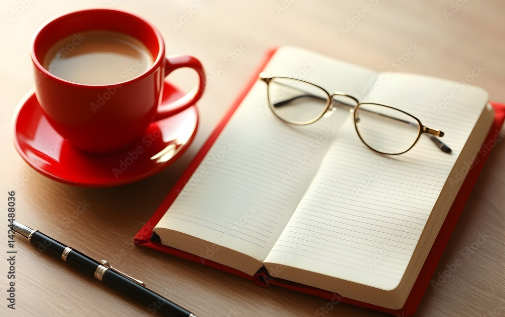 Red Cup Coffee Notebook Glasses Pen Desk Still Life Red Cup Coffee Notebook Glasses Pen Desk Still Life