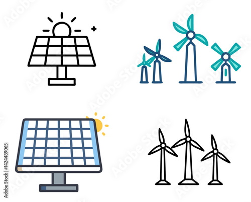 "Solar Panel and Windmill Outline and Color Icons Set"
