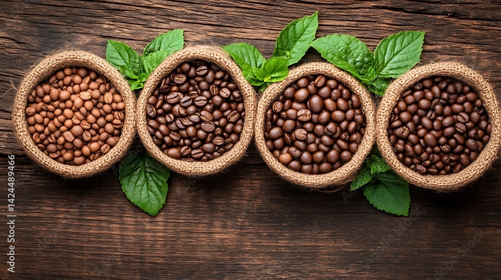 Fototapeta premium Four burlap sacks of roasted coffee beans