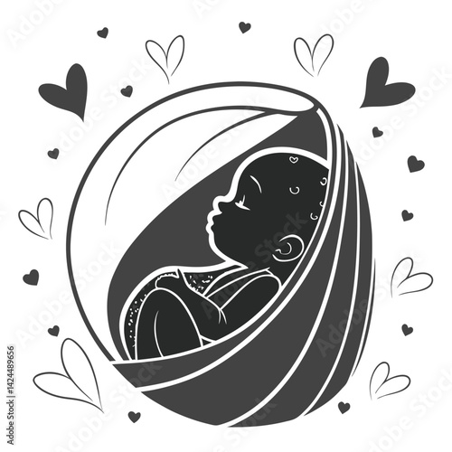 Sleeping Baby in a Cradle with Hearts Illustration