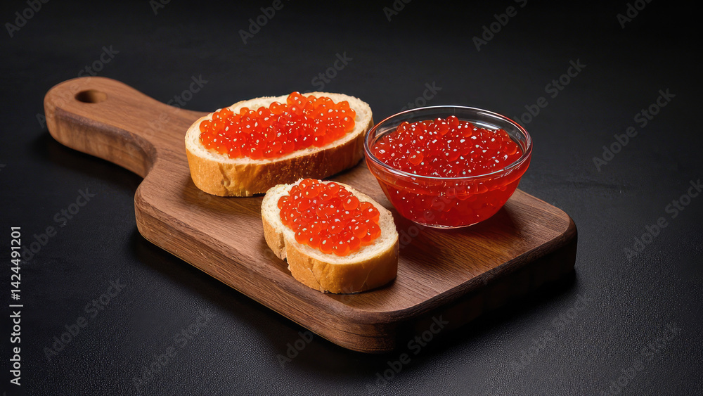 Close-up red caviar in bowl and Sandwiches on wooden cutting board on black background. Close-up red caviar in bowl and Sandwiches on wooden cutting board on black background.