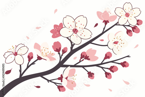 53 Flowering trees, cherry blossoms, pink and white petals, delicate branches, spring bloom, botanical illustration, watercolor style, vector art, clean white background, decorative floral design, sea