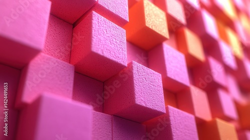 Colorful arrangement of textured cubes in various pink and orange hues fills the space