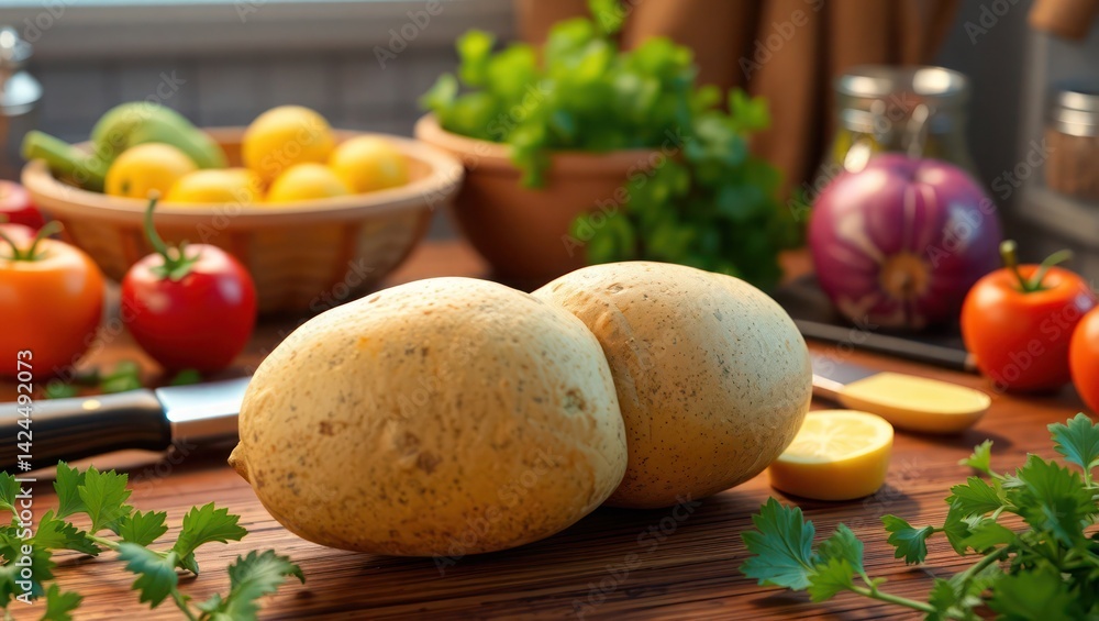 fresh potato on wooden chopping board fresh potato on wooden chopping board