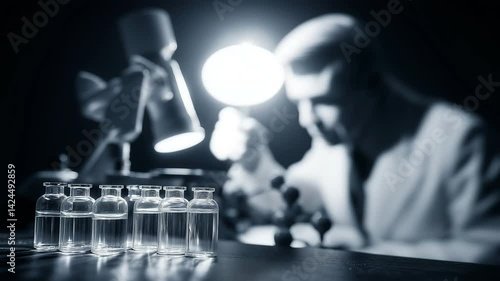 A monochrome scientist in a vintage laboratory with vials and molecular models, under intense lighting.