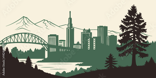 A beautifully crafted Portland vector silhouette skyline featuring Mount Hood, Steel Bridge, and the city’s urban skyline.