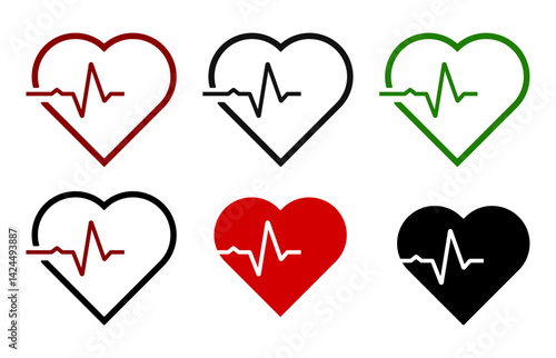 HEART, LOVE, heartbeat line collection, Heartbeat line. Pulse cardiogram Icons of heart beat. Ecg Electrocardiogram with healthy rhythm, cardio attack, ischemia, infarction. Symbol for cardiac
