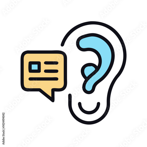 Ear with Language Card Icon Representing Listening Skills and Language Comprehension
