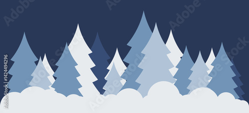 Pine winter forest, background image of pine forest in blue monochrome tones. Vector image, designer image, poster, vector.