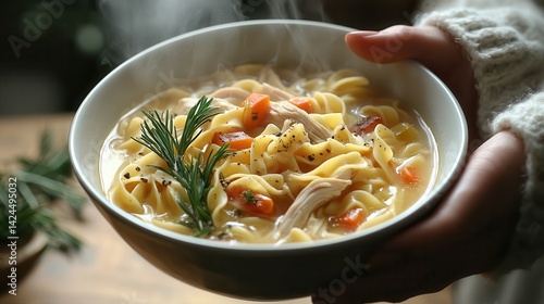 Chicken noodle soup comfort food Warm bowl of pasta soup garnished with herbs and vegetables.