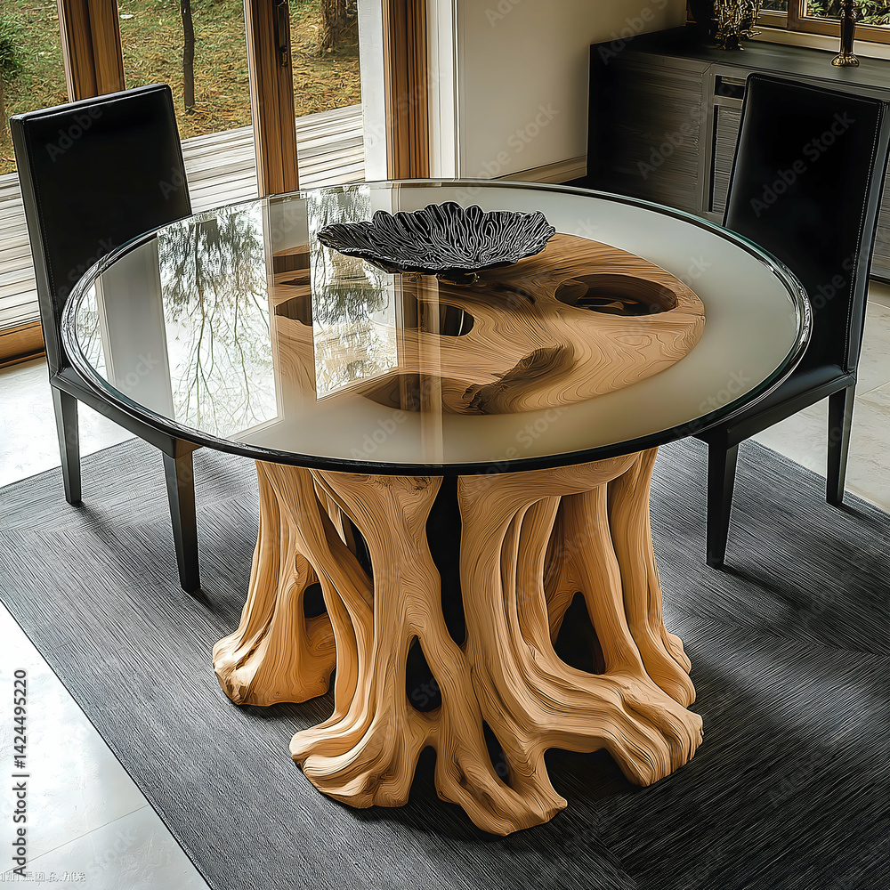 Round Natural Wood and Glass 8-Seater Dining Table