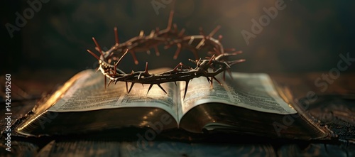 Crown of thorns and Holy Bible book on sunrise. Resurrection of Jesus, crucifixion. Good Friday. Faith and spirituality. Christian religion concept