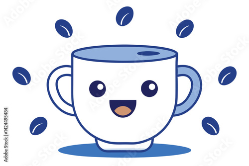 Animated Coffee Cup With Smile And Coffee Beans Floating on White Background
