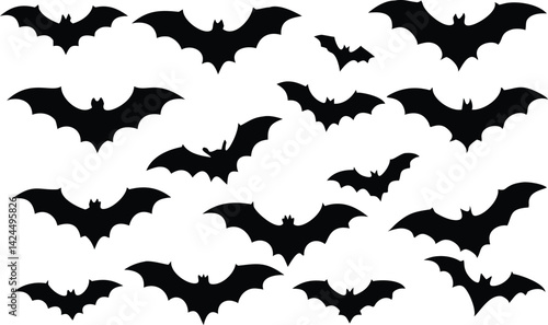 Black Bat Silhouettes Fly Together on Transparent Background. Halloween Creature Design