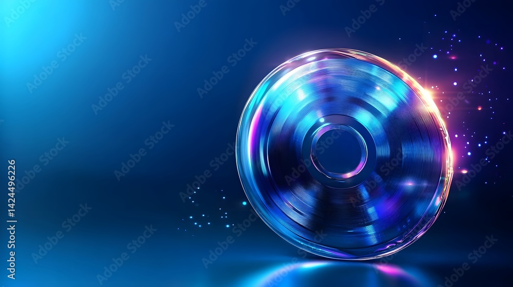 Glowing rotating metal disc with blue and pink reflections on dark background Glowing rotating metal disc with blue and pink reflections on dark background