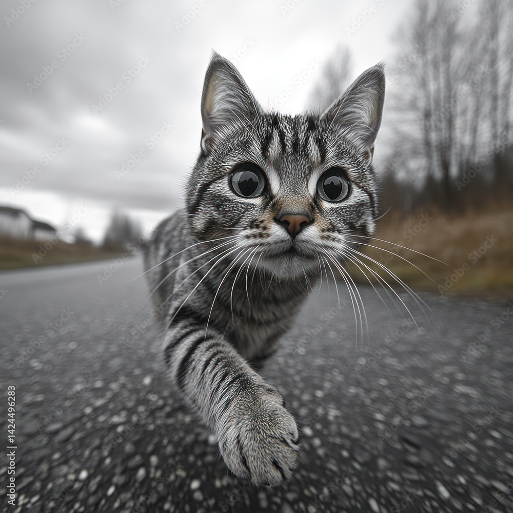 Obraz premium A striped cat walks along a deserted road, curious and adventurous under cloudy skies