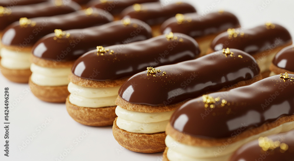 A close up of rows of chocolate eclairs with gold flakes on top, arranged on a white surface A close up of rows of chocolate eclairs with gold flakes on top, arranged on a white surface