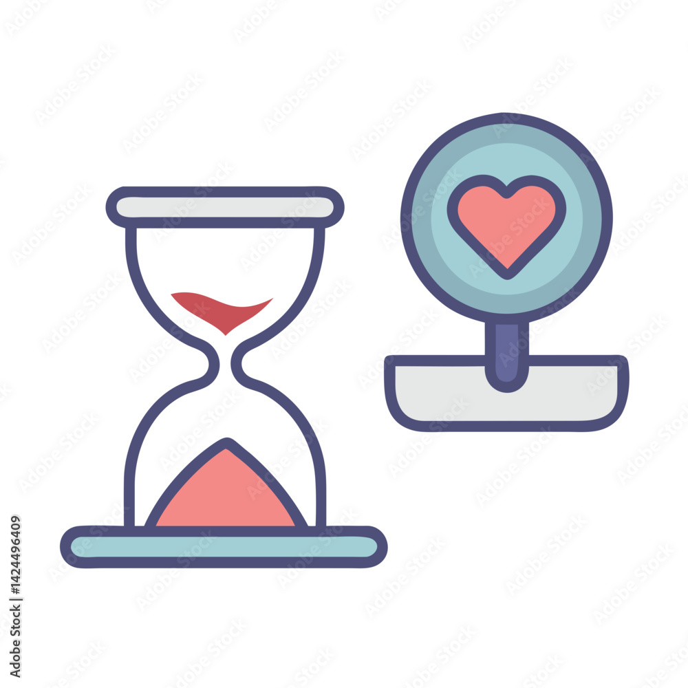 Heart and Hourglass on Scale Icon Representing Balance Between Love and Time Heart and Hourglass on Scale Icon Representing Balance Between Love and Time