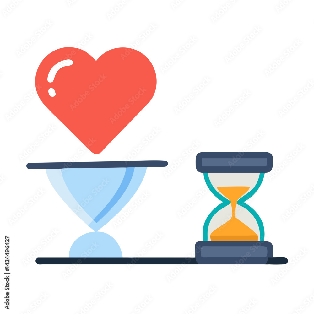 Heart and Hourglass on Scale Icon Representing Balance Between Love and Time Heart and Hourglass on Scale Icon Representing Balance Between Love and Time