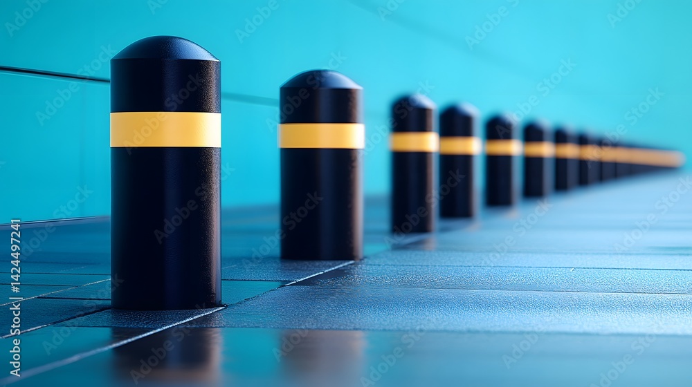 Fototapeta premium Black and yellow bollards protecting a turquoise wall in the city