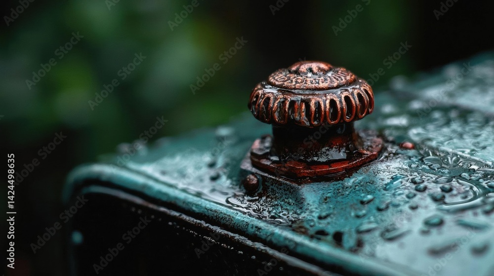 Close-up of a rusty metal object, which appears to be a part of a larger structure. the object is covered in water droplets, indicating that it has recently rained. Close-up of a rusty metal object, which appears to be a part of a larger structure. the object is covered in water droplets, indicating that it has recently rained.