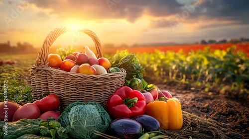 Fototapeta Naklejka Na Ścianę i Meble -  Freshly picked vegetables and fruits overflowing from a basket at sunset in cultivated field