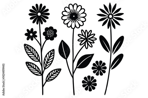 Black Flower Silhouettes With Stems, Leaves on Transparent Background ,Floral Elements