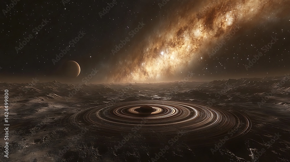 Obraz premium Glowing Planet with Rings in Space, A glowing planet surrounded by multiple rings and small celestial bodies in space