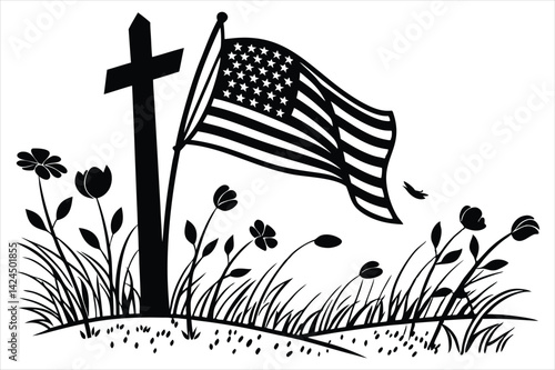 Minimalist silhouette of a battlefield cross with flowing American flag and wild poppies