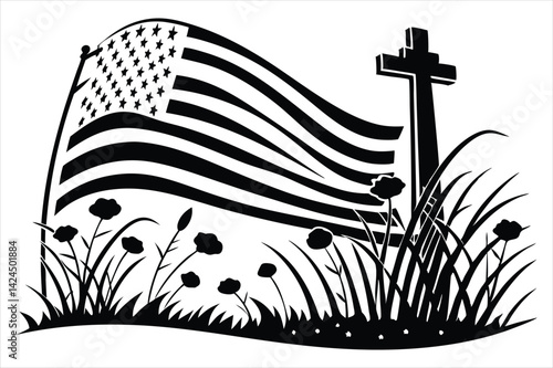 Minimalist silhouette of a battlefield cross with flowing American flag and wild poppies