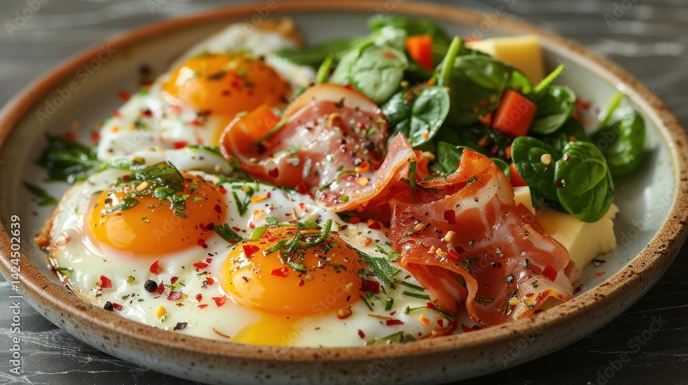 Sunny side up eggs with fresh greens and ham make the perfect breakfast Sunny side up eggs with fresh greens and ham make the perfect breakfast