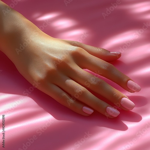 Wallpaper Mural Delicate hand adorned with pale pink nails rests on a shimmering pink background Torontodigital.ca