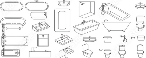 Bathroom furniture top view. Architectural uncolored set for interior design. Vector collection. Baths, shells, toilets, bidets, urinals, showers. View from above.