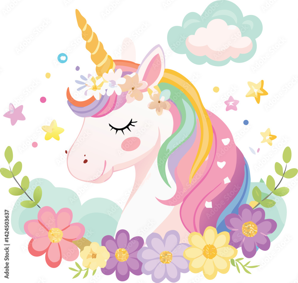 Cute Rainbow Unicorn with Floral Wreath and Stars Cute Rainbow Unicorn with Floral Wreath and Stars