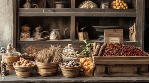 Fototapeta Naklejka Na Ścianę i Meble -  Rustic wooden market shelf with spices and grains